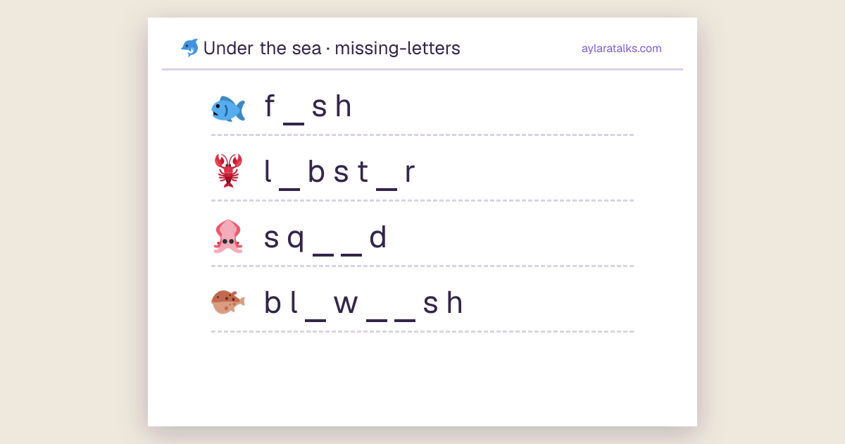 Under the sea · Missing letters